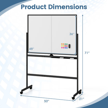 48" x 36" Double-Sided Mobile Whiteboard with Lockable Wheels