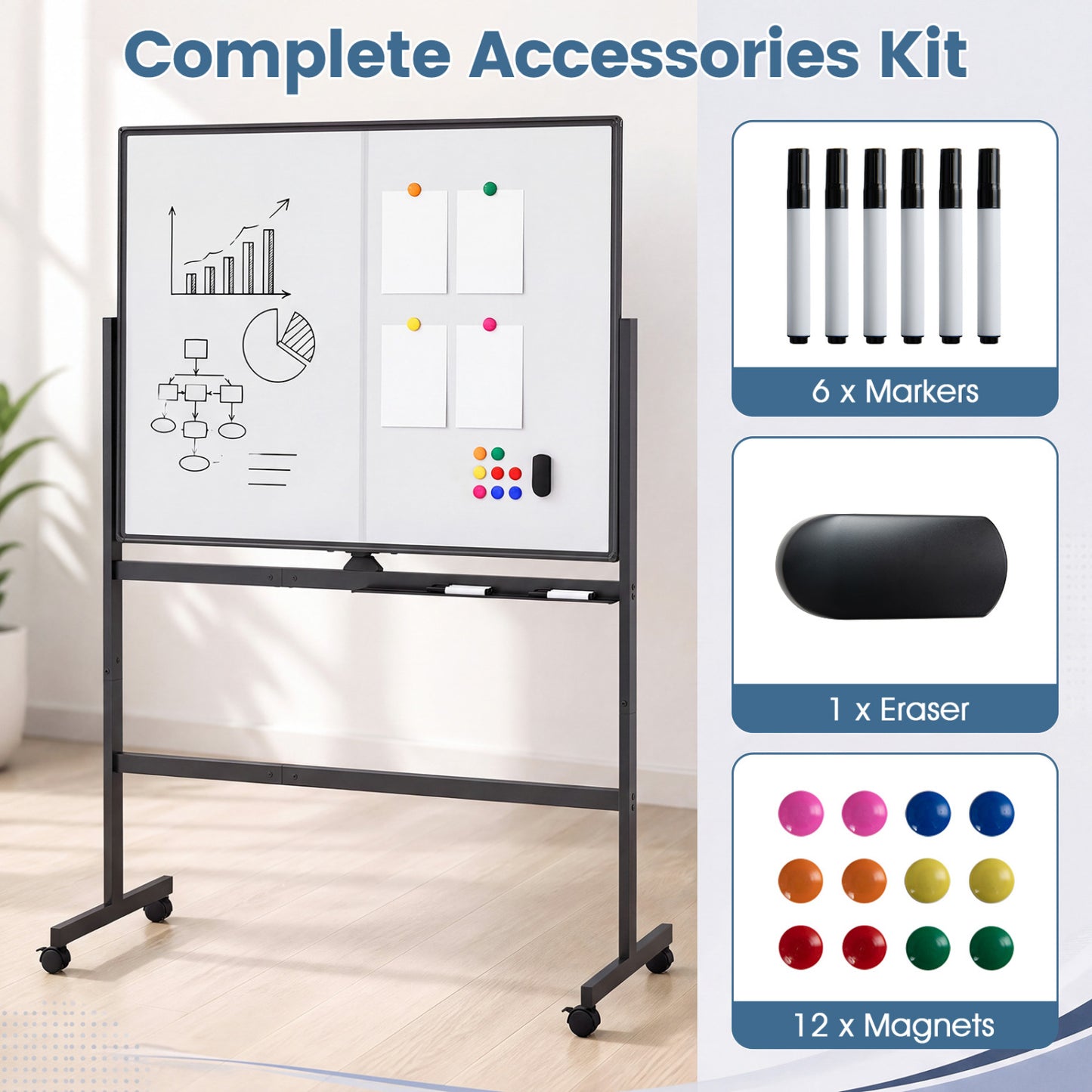 48" x 36" Double-Sided Mobile Whiteboard with Lockable Wheels