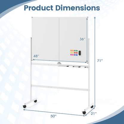 48" x 36" Double-Sided Mobile Whiteboard with Lockable Wheels