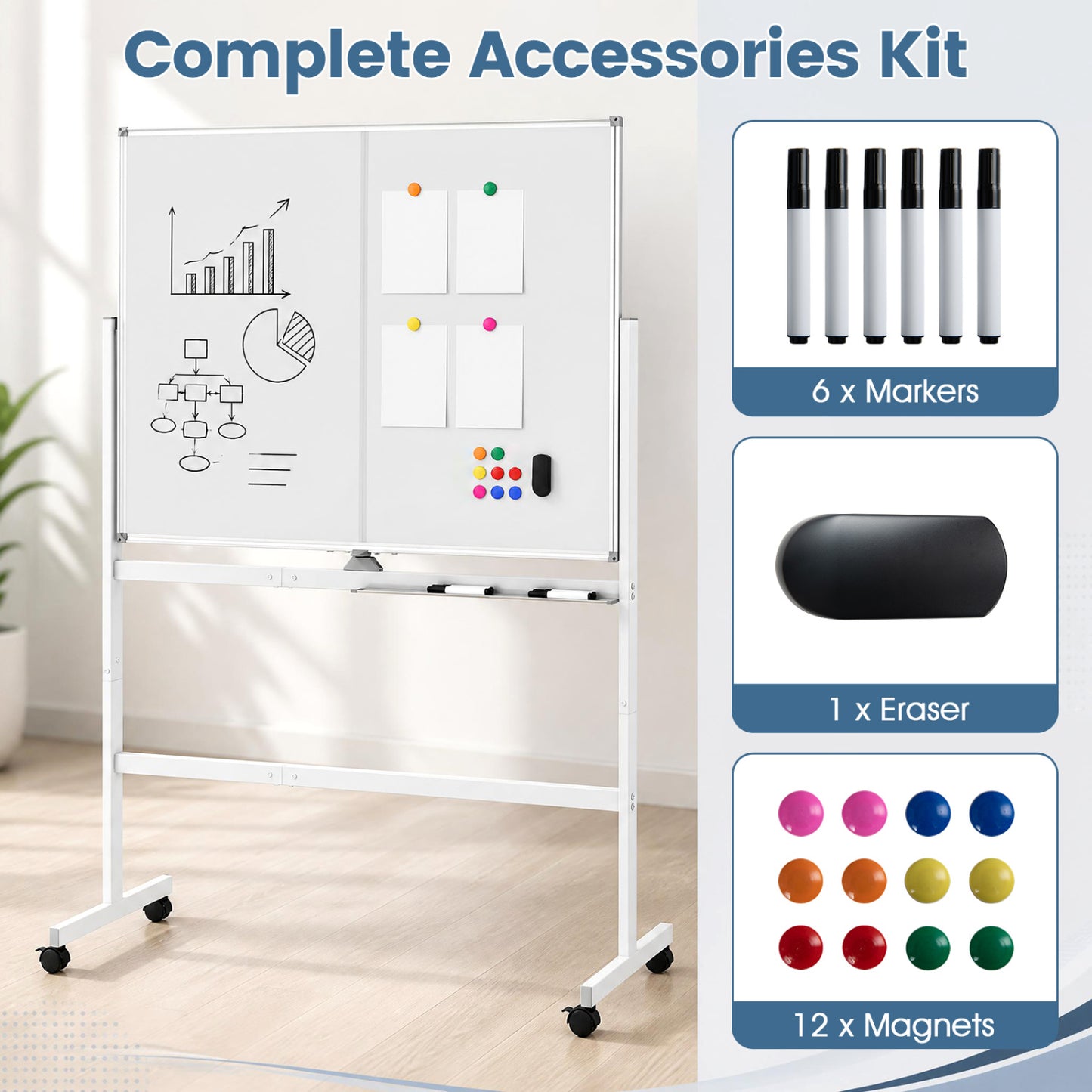 48" x 36" Double-Sided Mobile Whiteboard with Lockable Wheels