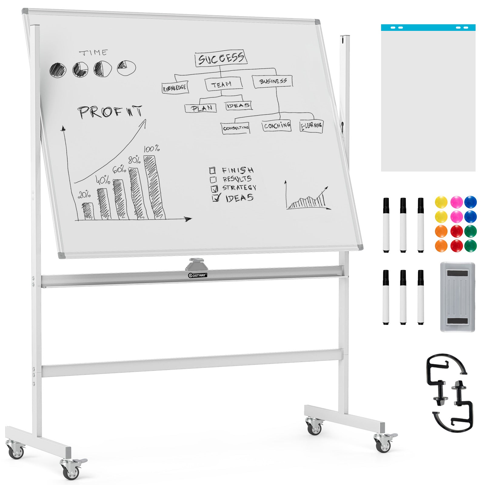 48 x 36 Inches Rolling Double-Sided Whiteboard with Magnetic Surface-White - White