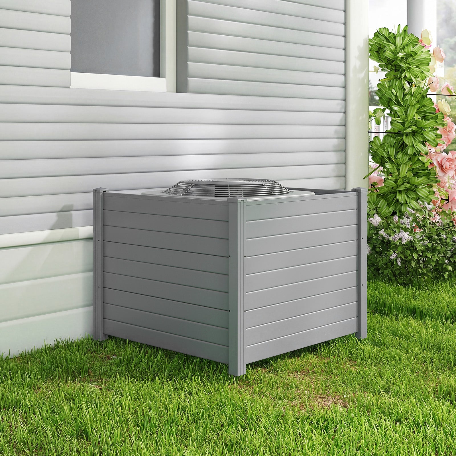 48 x 38 Inch Air Conditioner Fence 3 Panels with Metal Ground Stakes for Patio Backyard-Gray