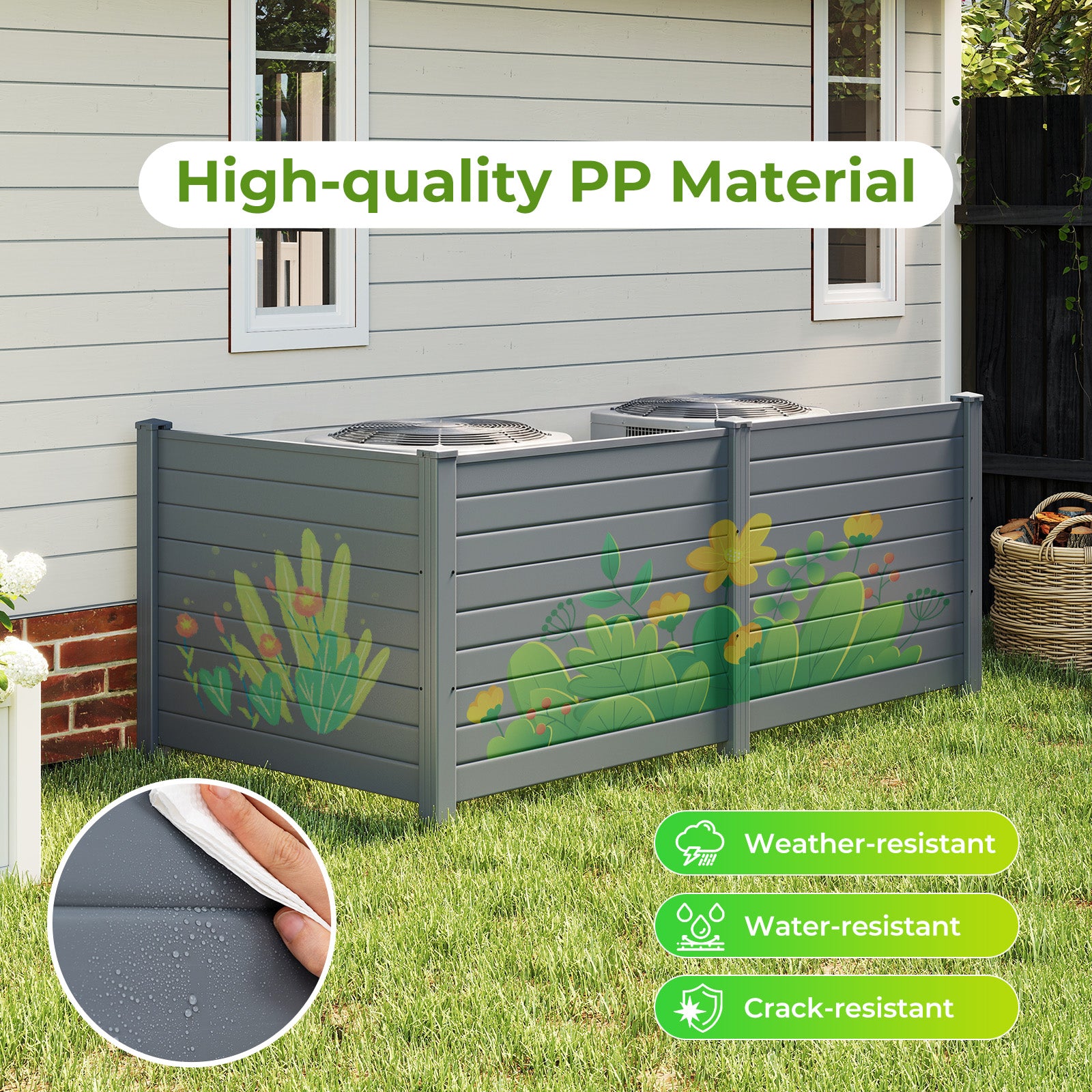 48 x 38 Inch Air Conditioner Fence 3 Panels with Metal Ground Stakes for Patio Backyard-Gray