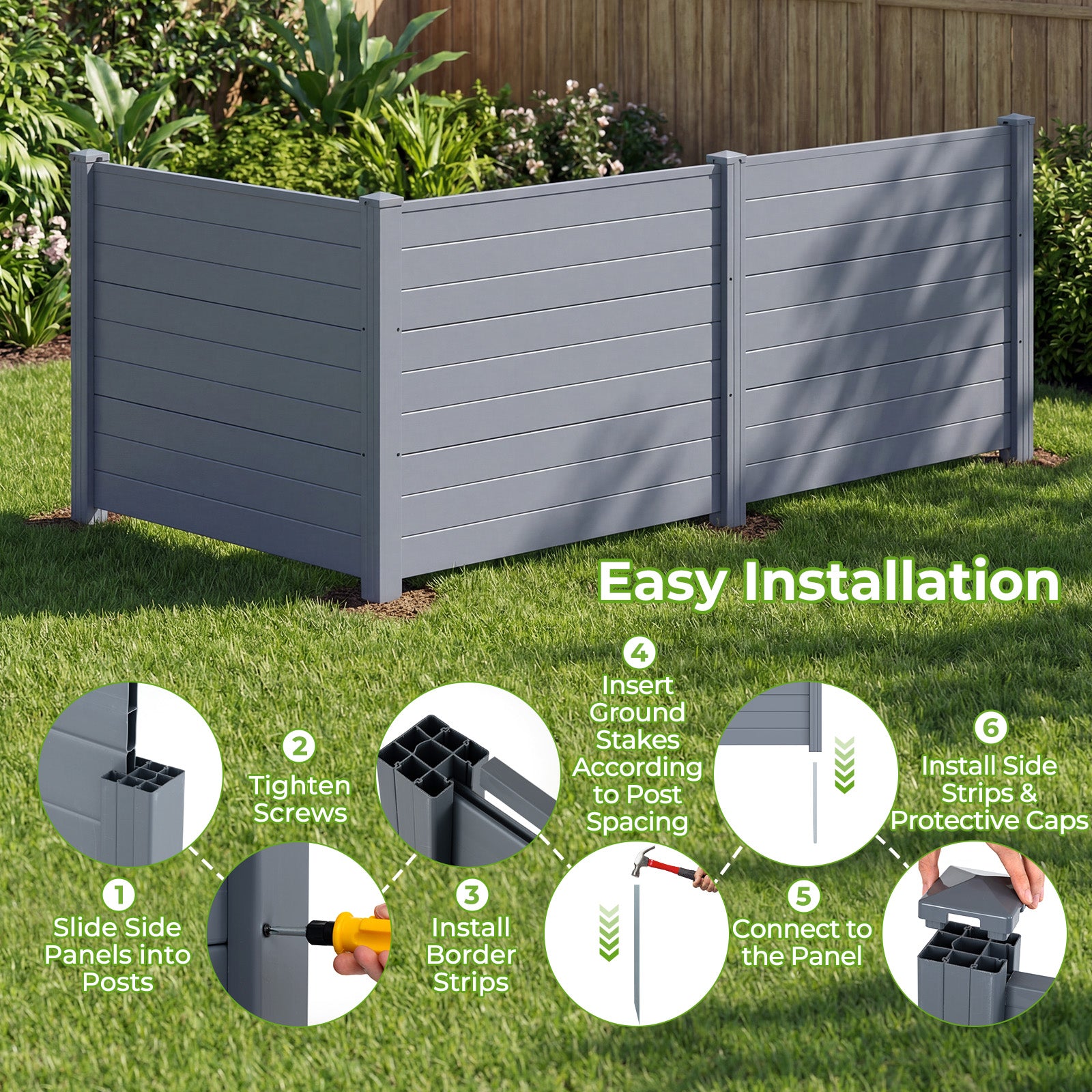48 x 38 Inch Air Conditioner Fence 3 Panels with Metal Ground Stakes for Patio Backyard-Gray