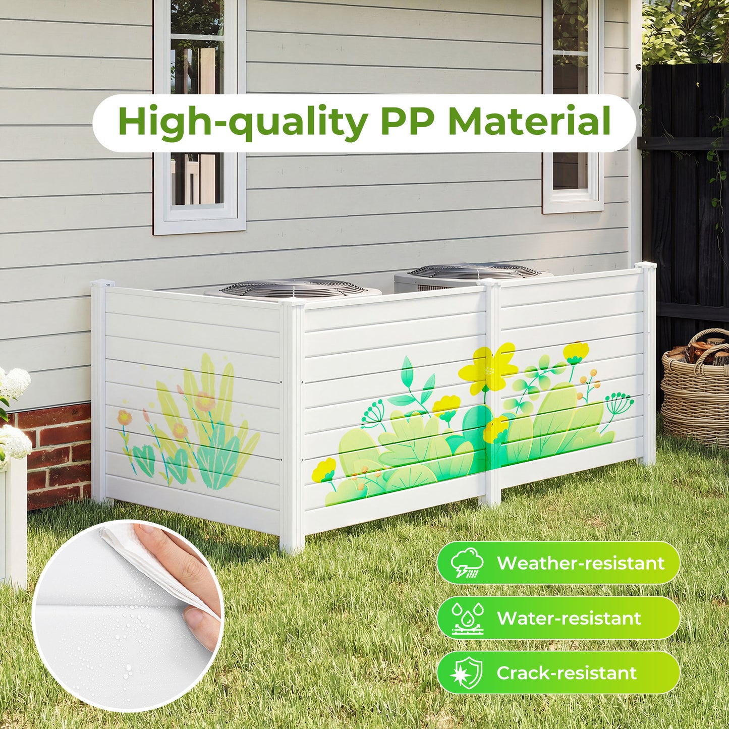 48 x 38 Inch Air Conditioner Fence 3 Panels with Metal Ground Stakes for Patio Backyard-White