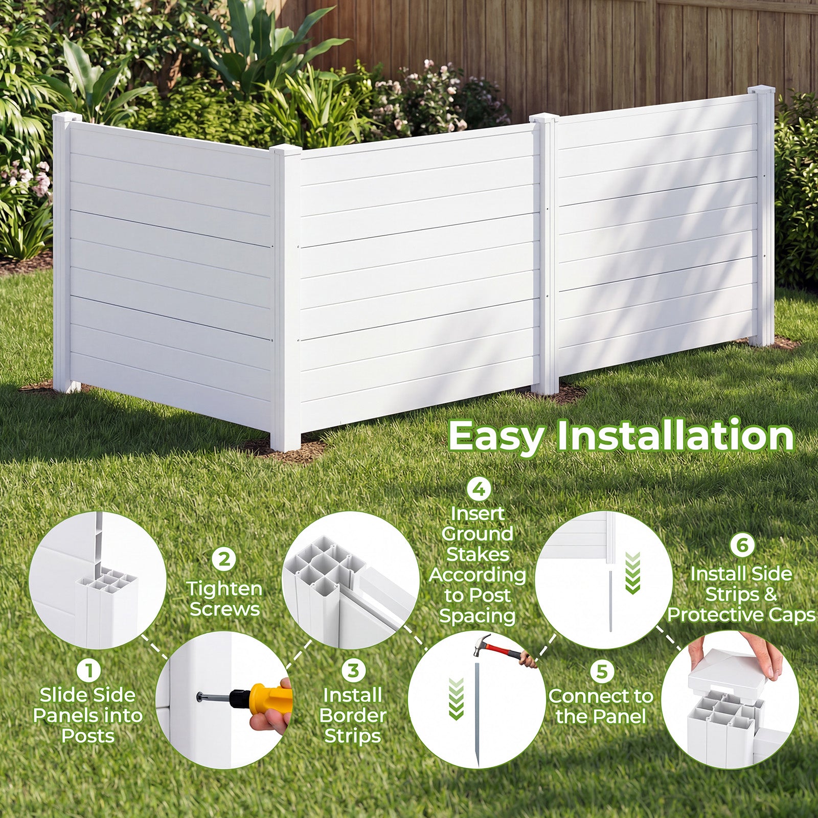 48 x 38 Inch Air Conditioner Fence 3 Panels with Metal Ground Stakes for Patio Backyard-White