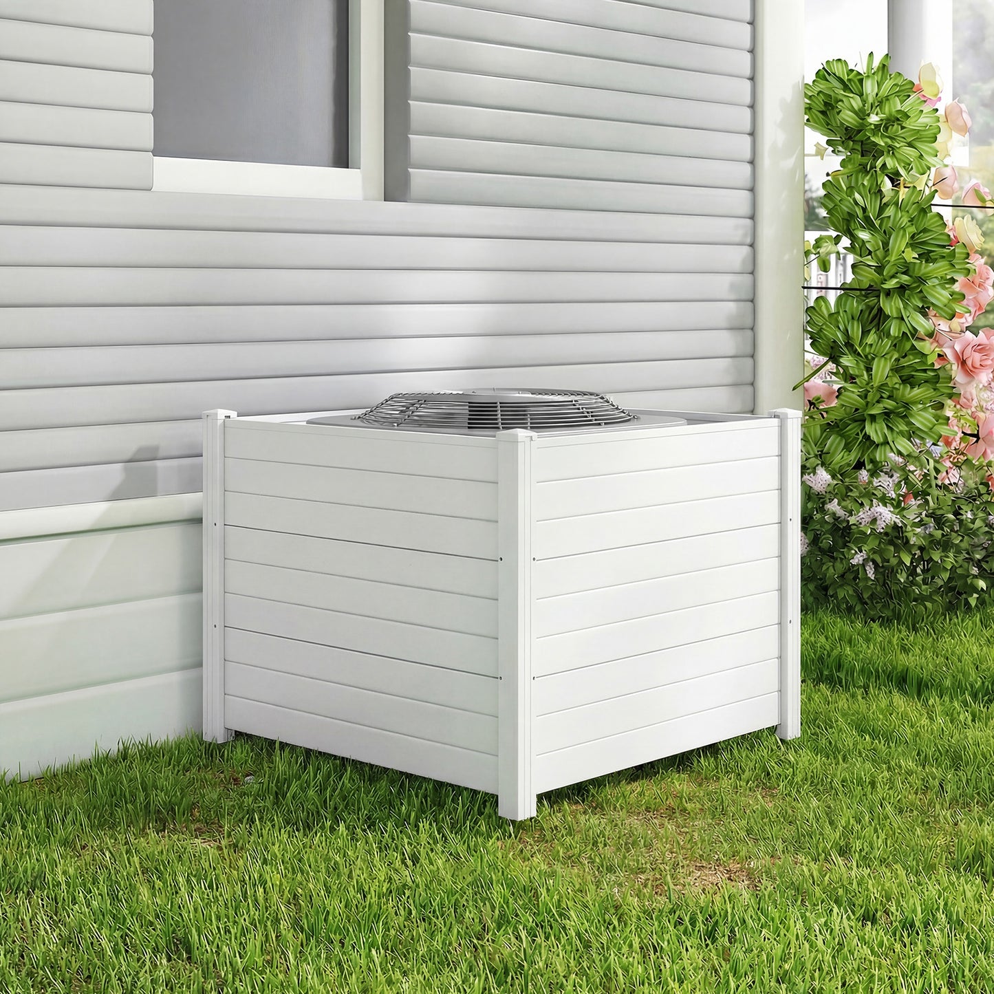 48 x 38 Inch Air Conditioner Fence 3 Panels with Metal Ground Stakes for Patio Backyard-White