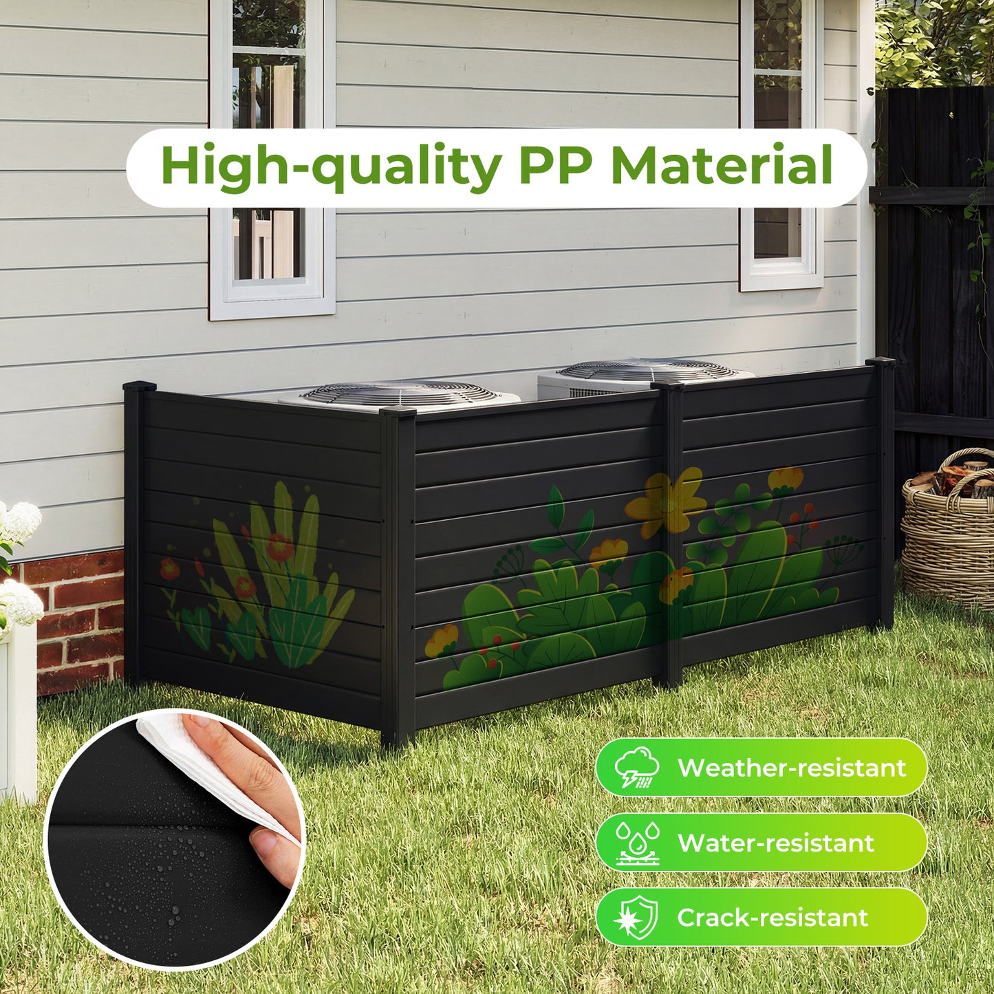 48 x 38 Inch Air Conditioner Fence 3 Panels with Metal Ground Stakes for Patio Backyard-Black