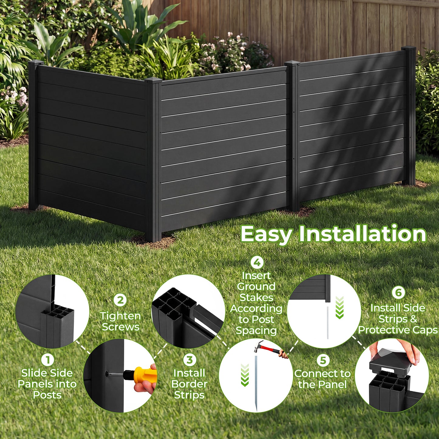 48 x 38 Inch Air Conditioner Fence 3 Panels with Metal Ground Stakes for Patio Backyard-Black