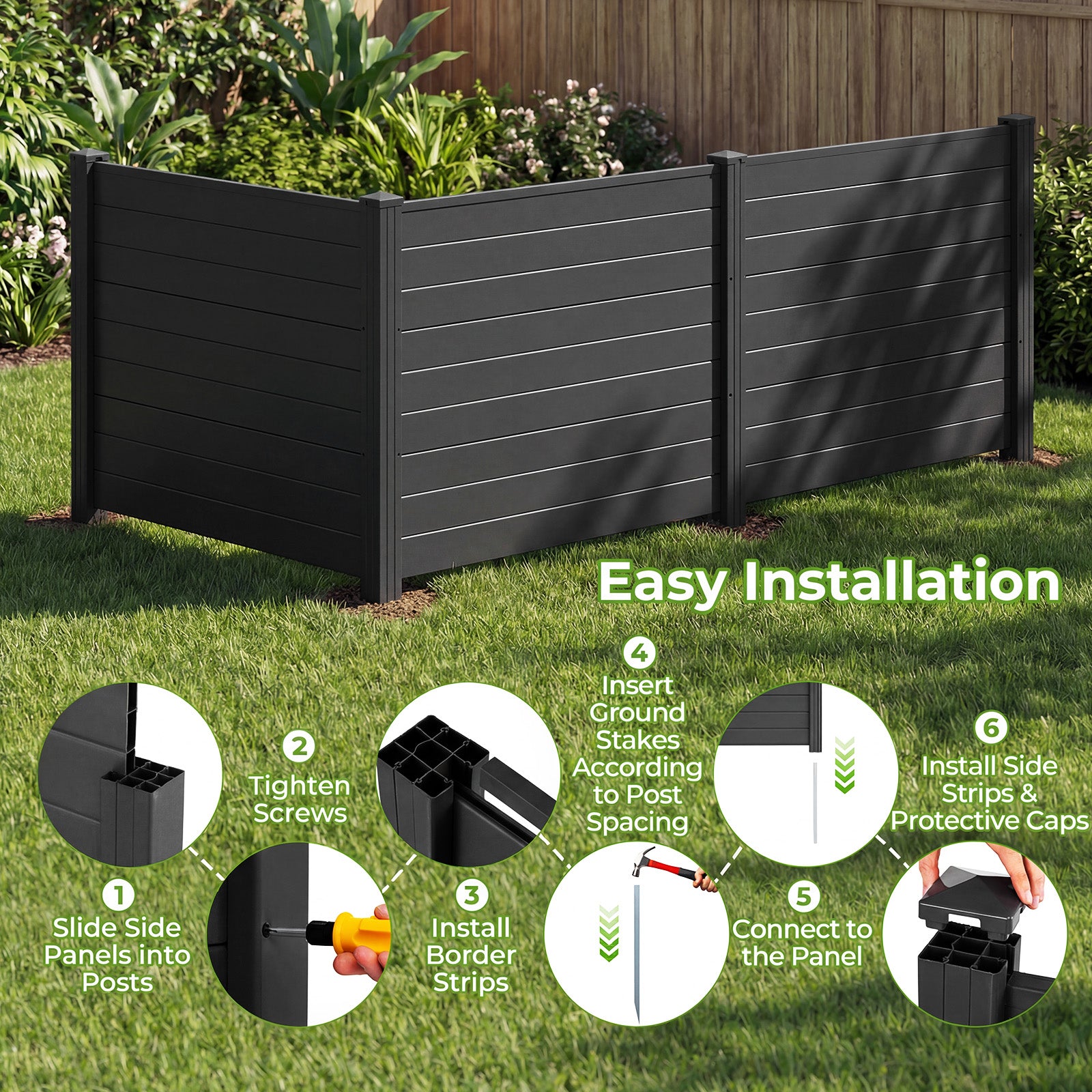 48 x 38 Inch Air Conditioner Fence 3 Panels with Metal Ground Stakes for Patio Backyard-Black