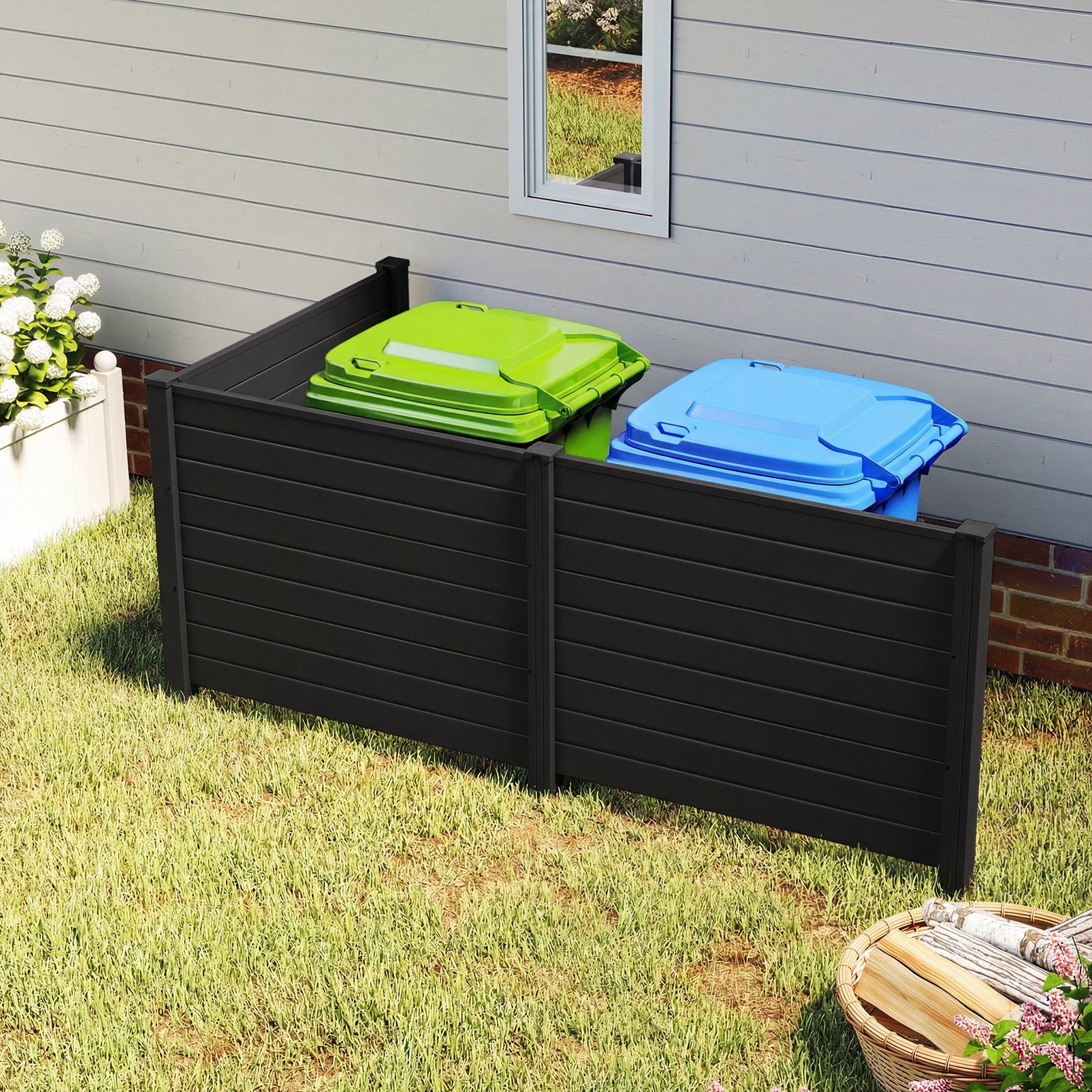 48 x 38 Inch Air Conditioner Fence 3 Panels with Metal Ground Stakes for Patio Backyard-Black