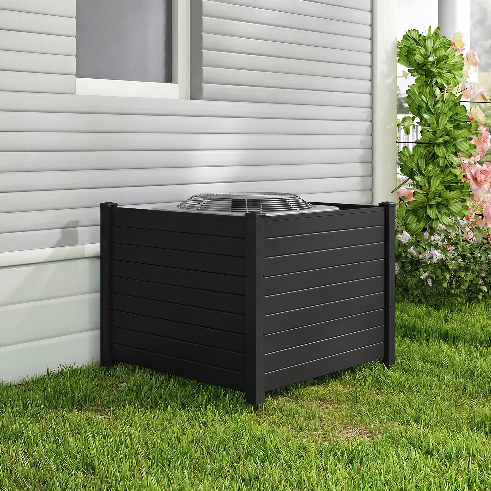 48 x 38 Inch Air Conditioner Fence 3 Panels with Metal Ground Stakes for Patio Backyard-Black