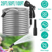 25FT/50FT/100FT Heavy Duty Stainless Steel Garden Hose Garden Watering Kit Metal Water Hose with 2 Nozzles 12 Patterns Flexible Extendable Kink Tangle