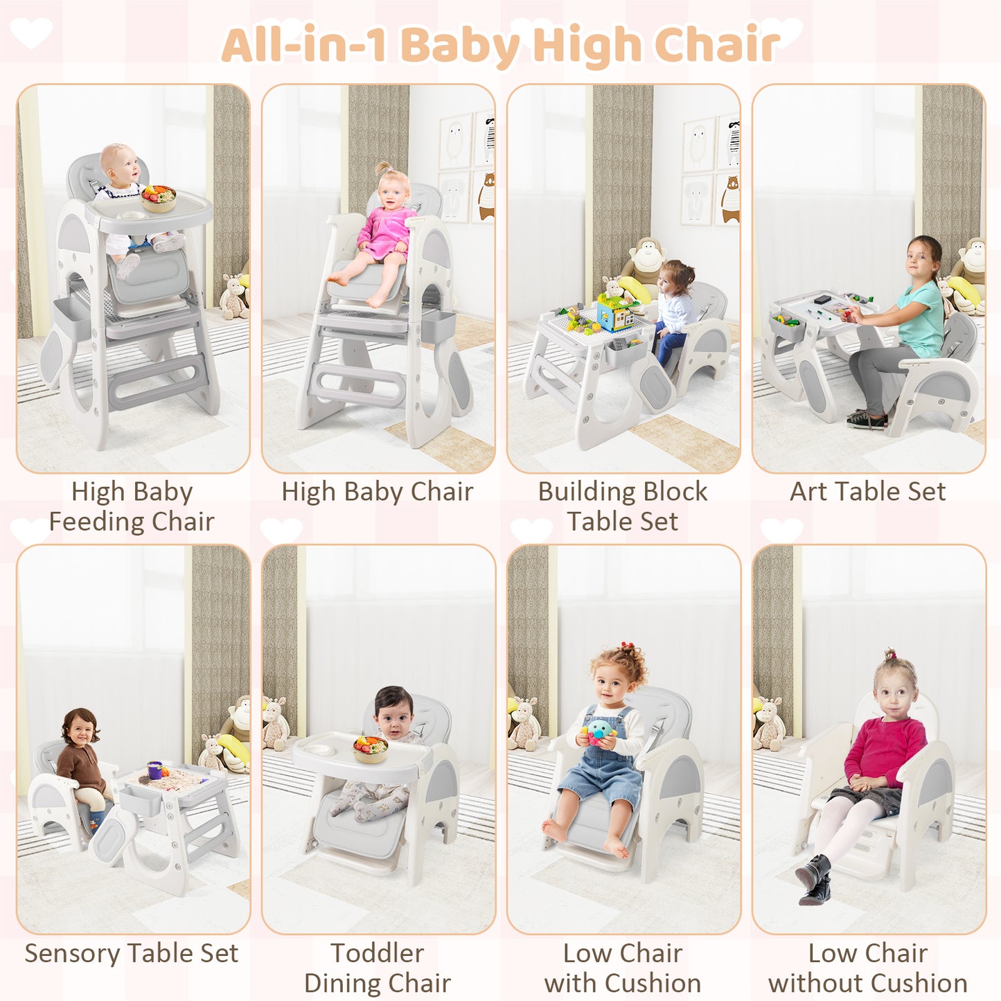 Convertible Baby High Chair with Double-layer Tray and Adjustable Backrest-Grey