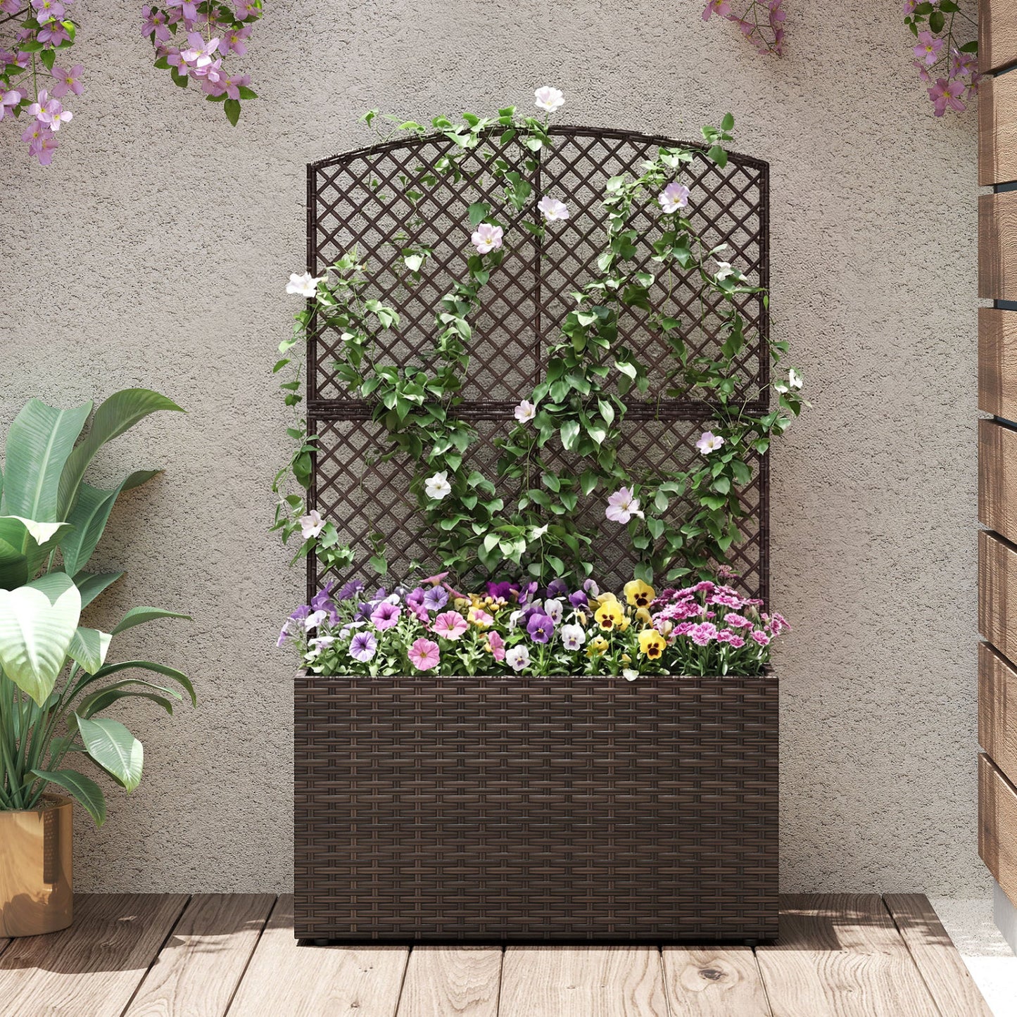 49 Inch Raised Garden Bed with Trellis and Wicker Planter Box-Brown