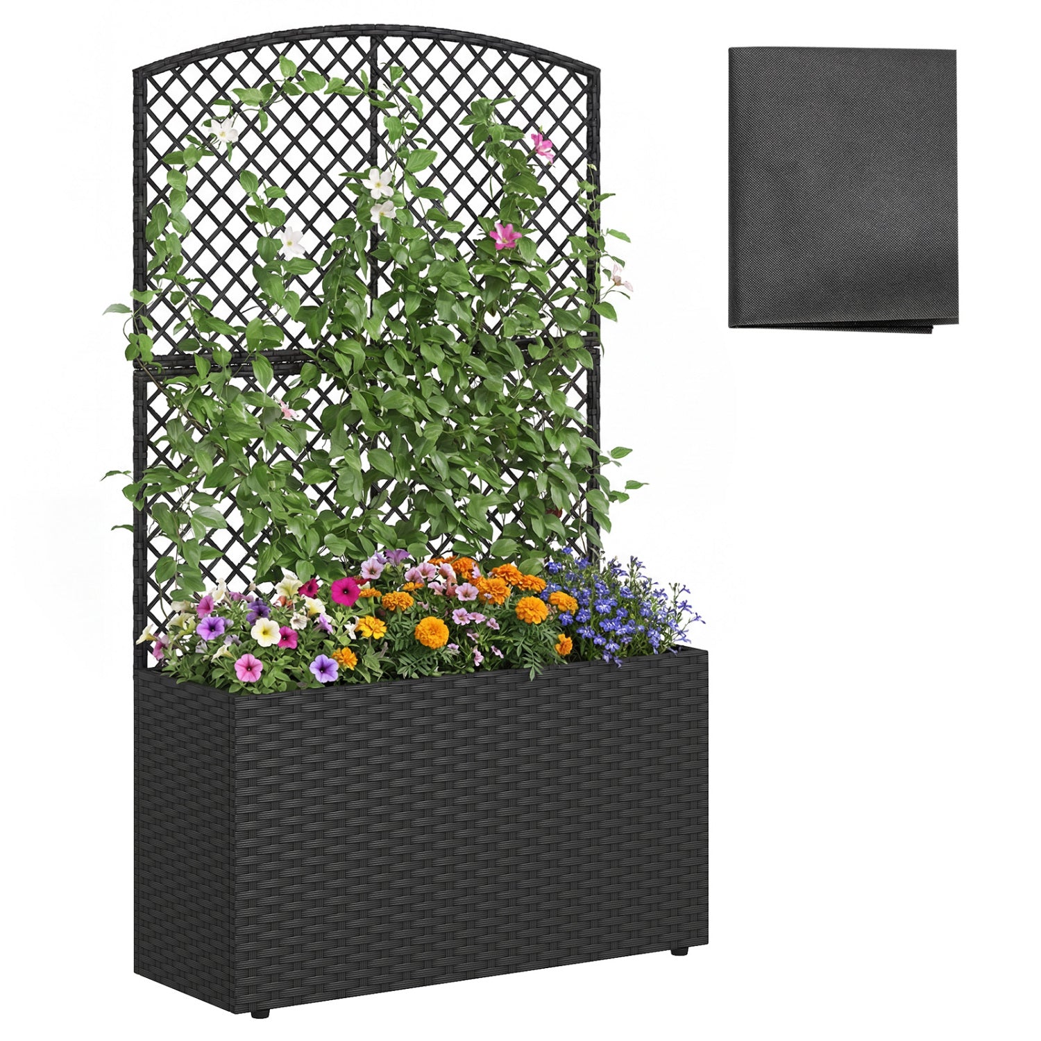 49 Inch Raised Garden Bed with Trellis and Wicker Planter Box-Black