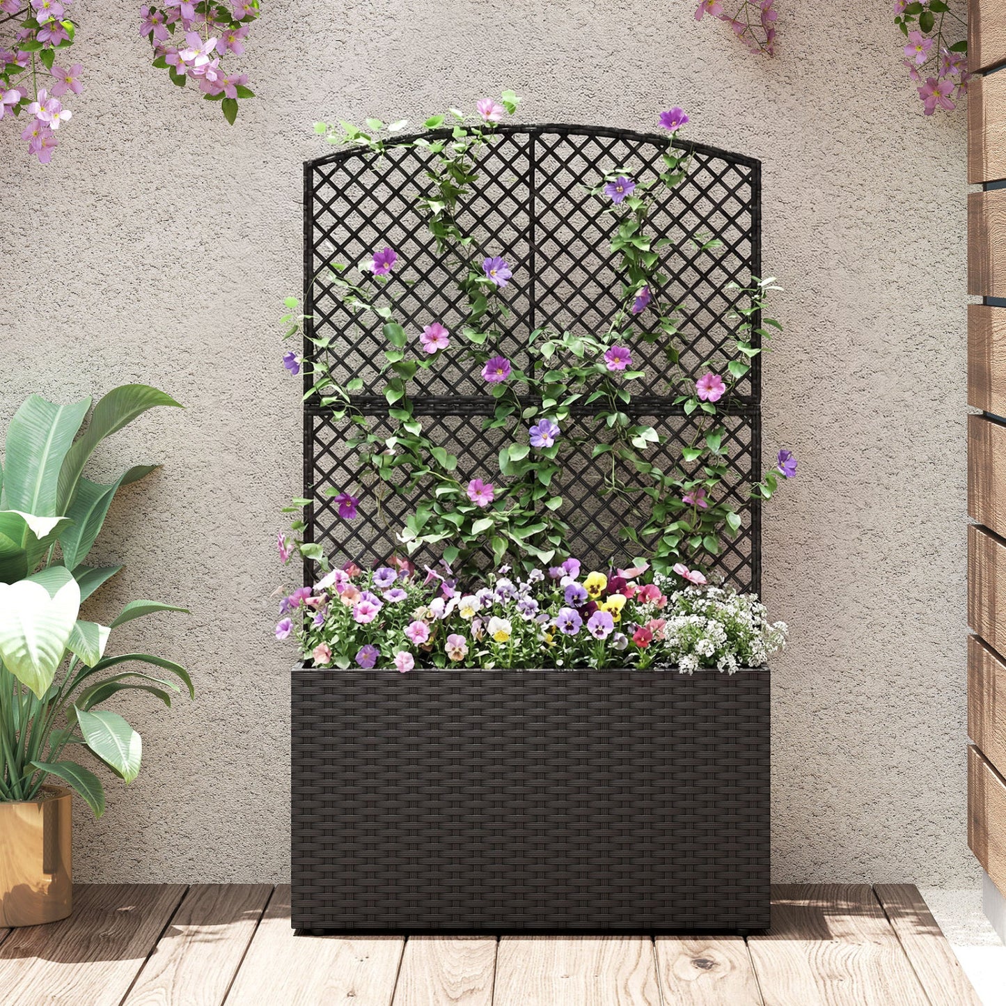 49 Inch Raised Garden Bed with Trellis and Wicker Planter Box-Black