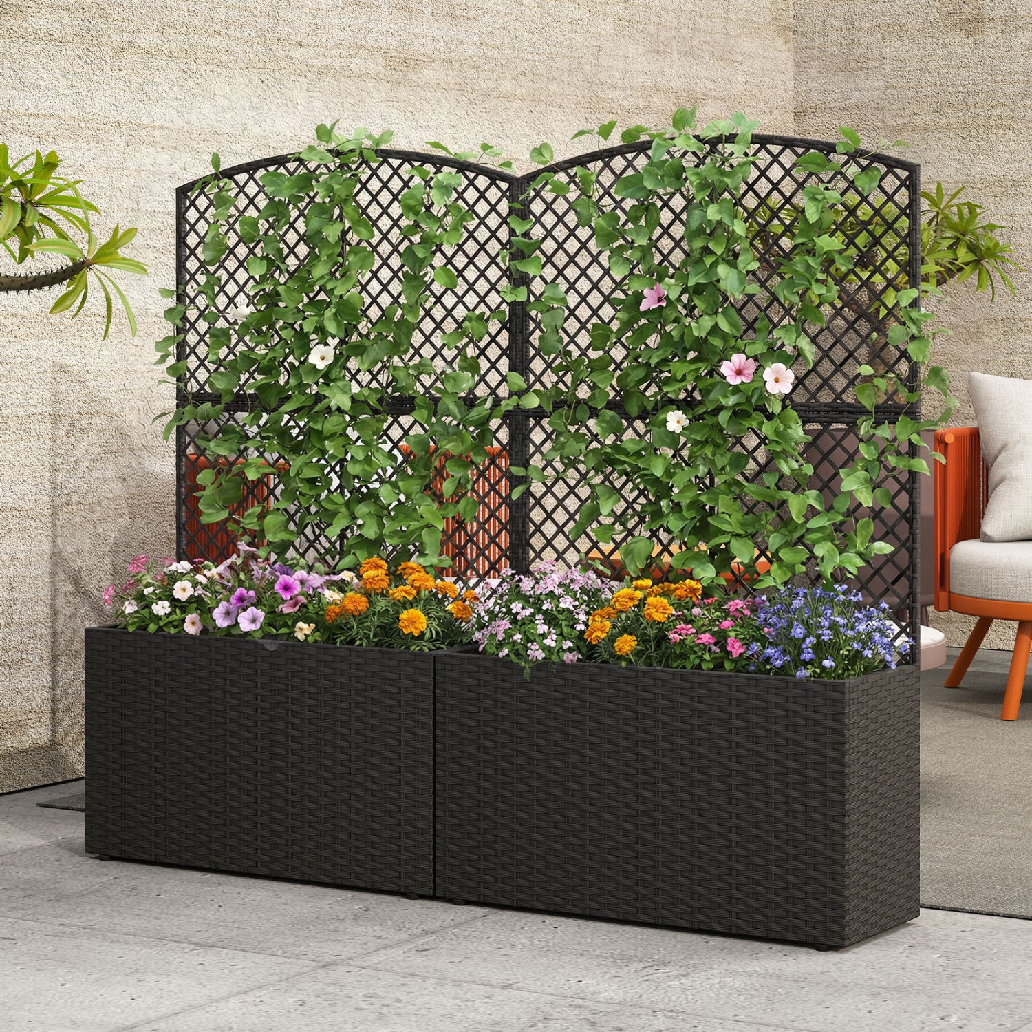 49 Inch Raised Garden Bed with Trellis and Wicker Planter Box-Black