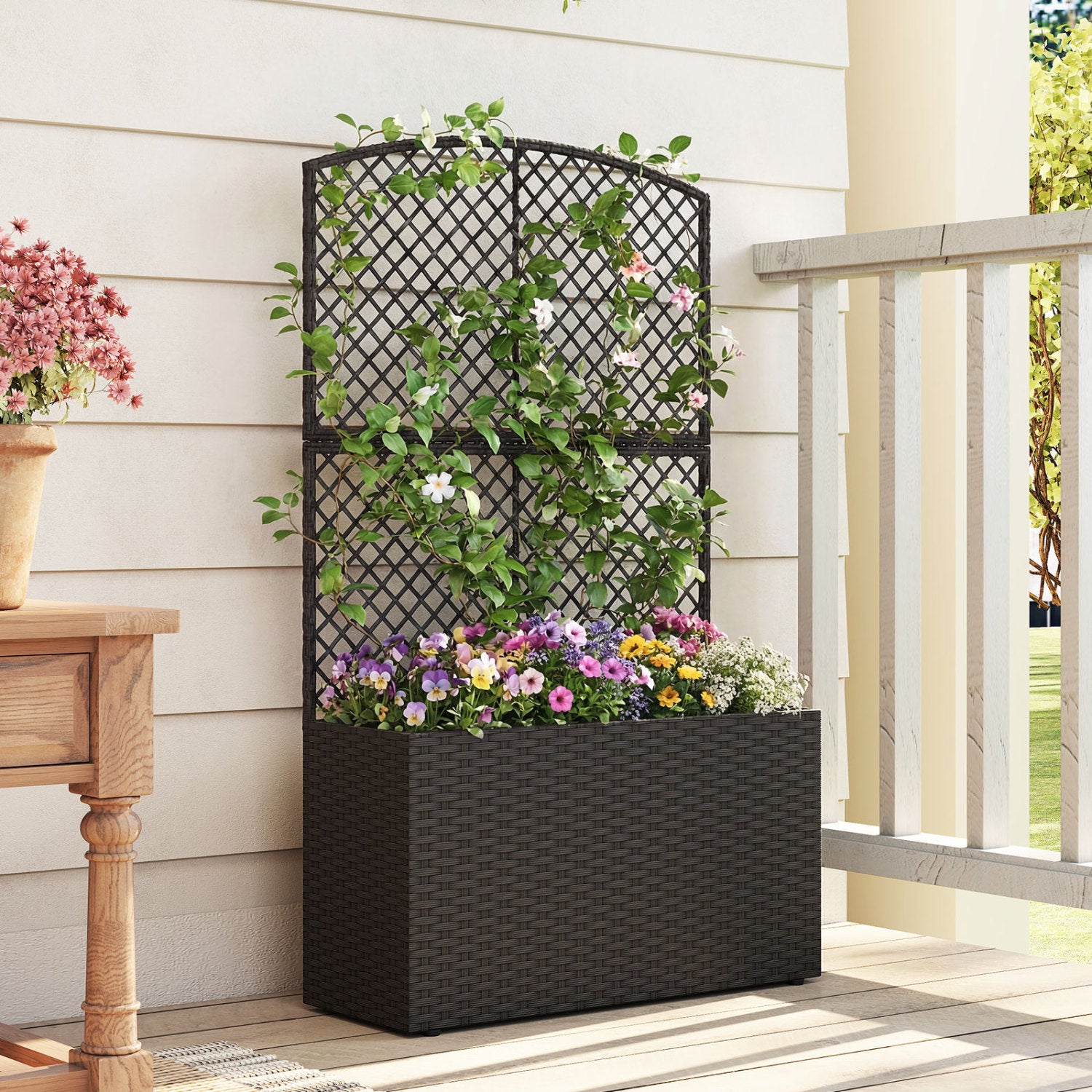 49 Inch Raised Garden Bed with Trellis and Wicker Planter Box-Black