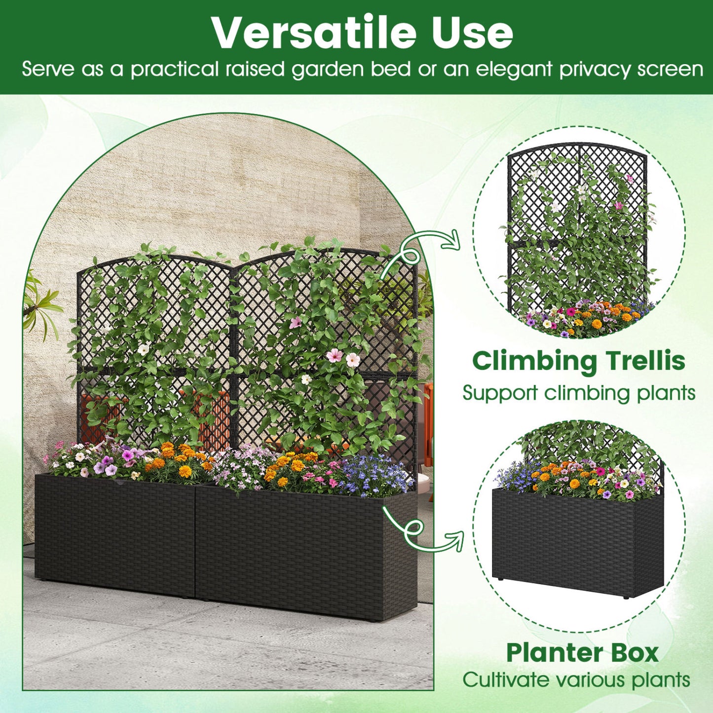 49 Inch Raised Garden Bed with Trellis and Wicker Planter Box-Black