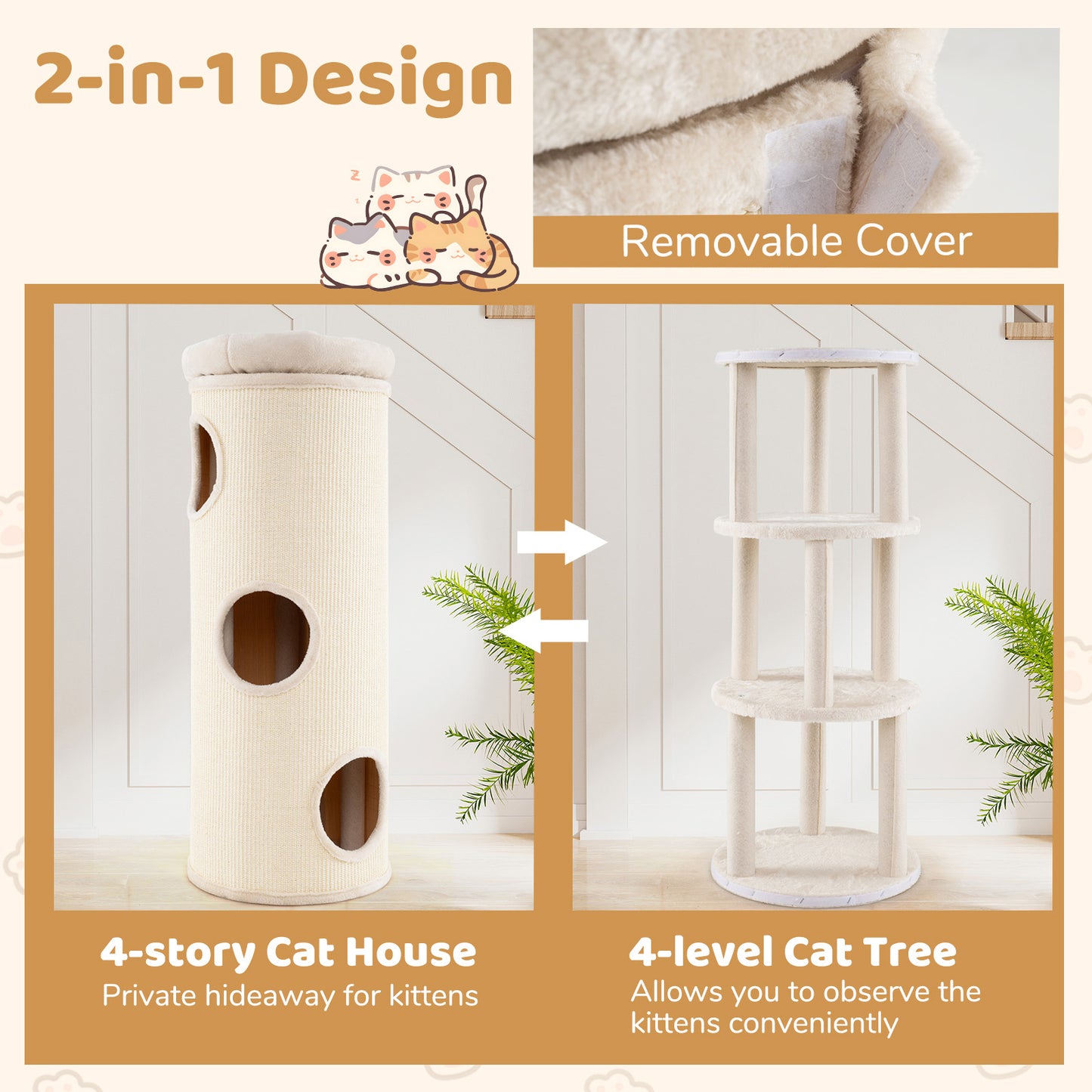 49 Inch Elevated Cat Cave 4-Story Cat House for Multiple Cats-Beige