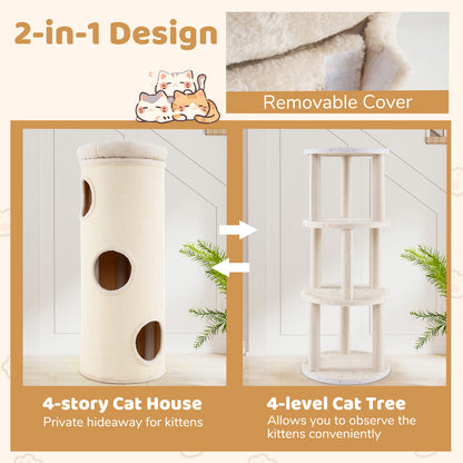 49 Inch Elevated Cat Cave 4-Story Cat House for Multiple Cats-Beige