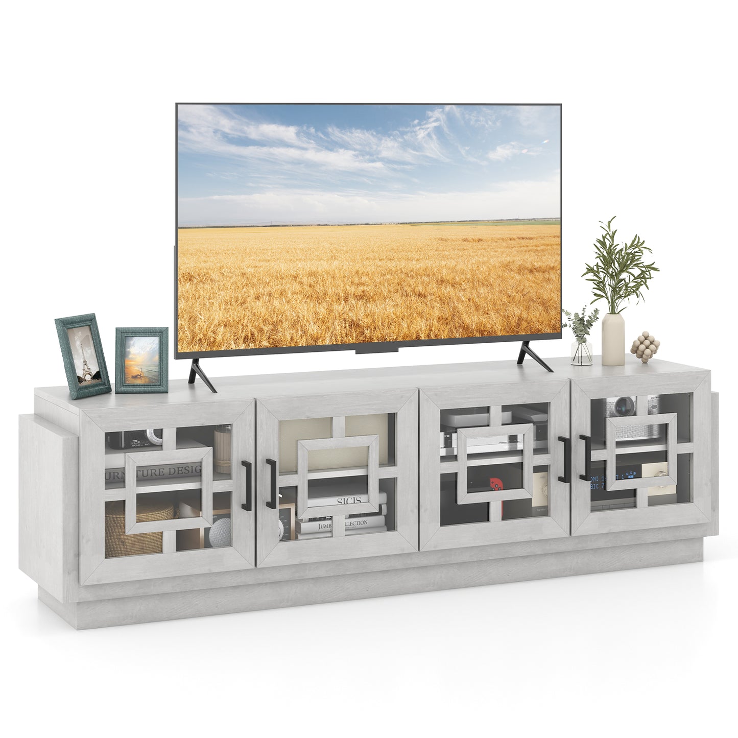 4-Door TV Stand for TVs up to 75 Inch Media Console Table with Adjustable Shelves-Oak