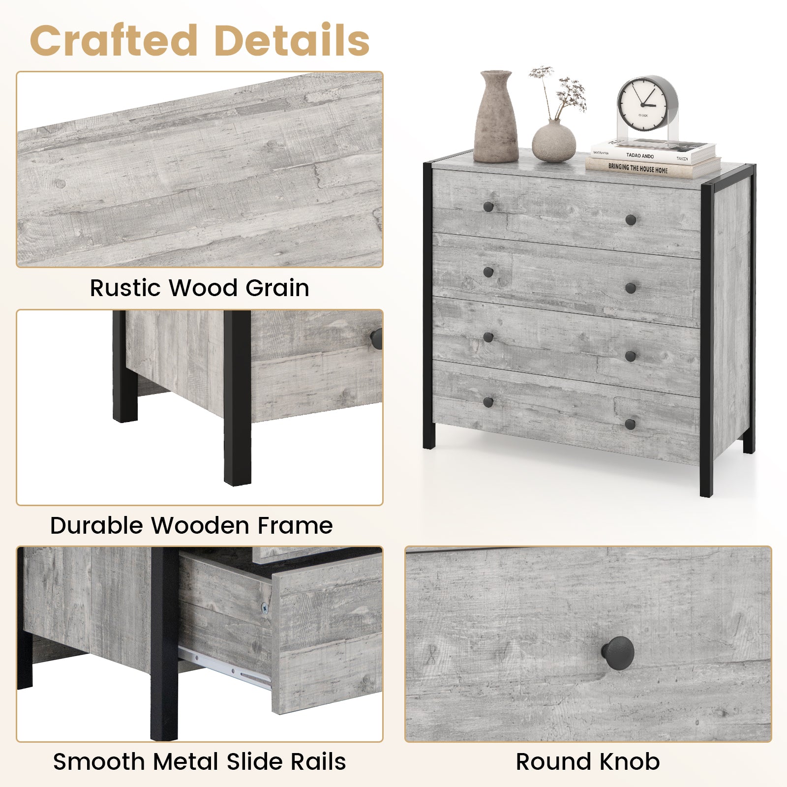4-Drawer Dresser Modern Wooden Chest of Drawers for Bedroom Living Room-Gray