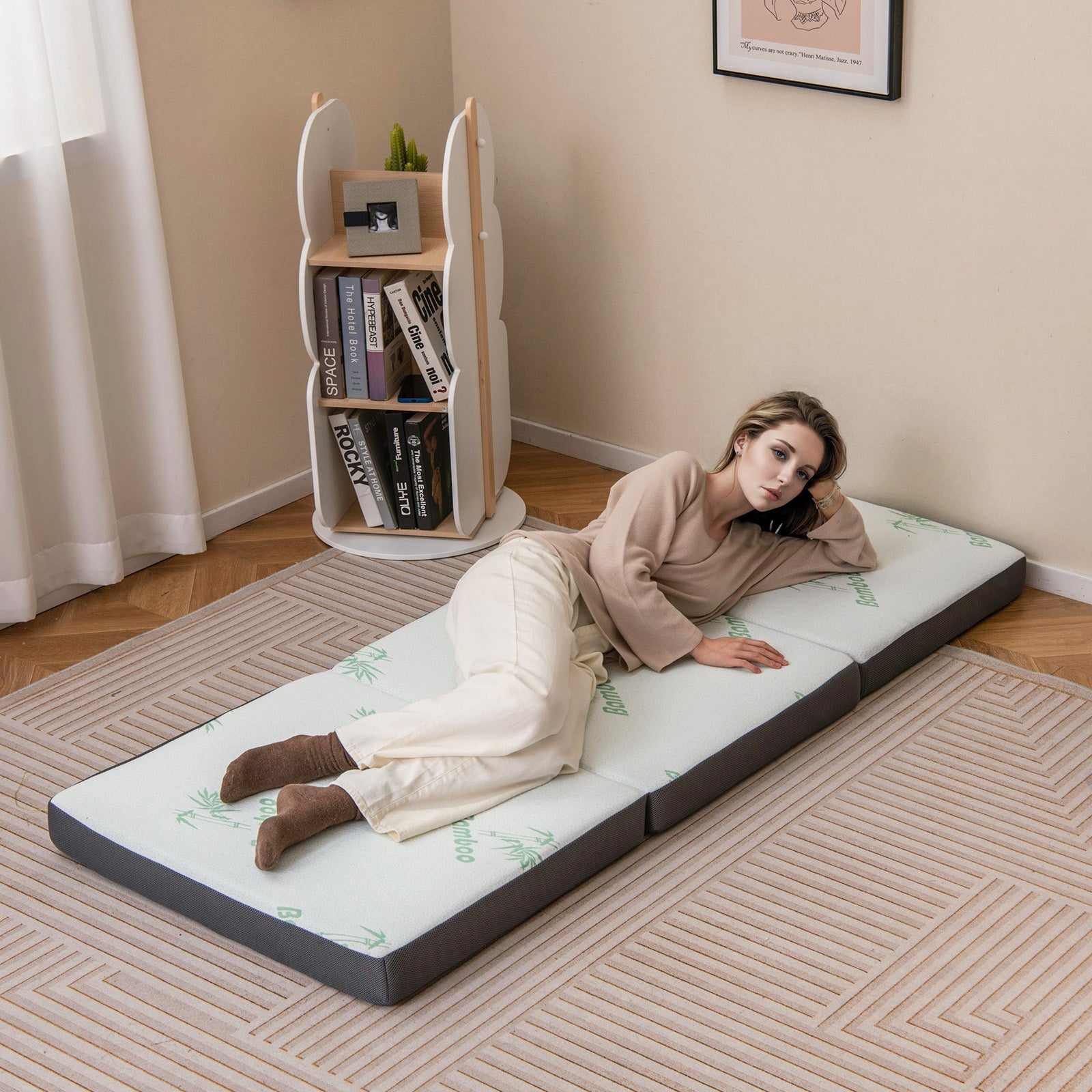 4 Inch Tri-Fold Foam Mattress with Washable Cover for Yoga Guest Mat-Gray