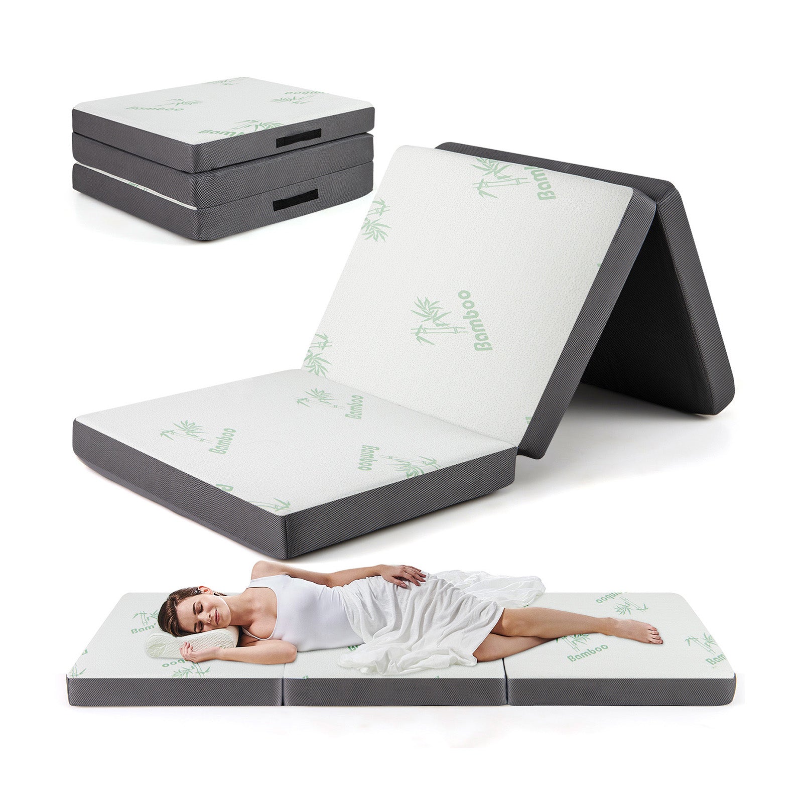 4 Inch Tri-Fold Foam Mattress with Washable Cover for Yoga Guest Mat-Gray
