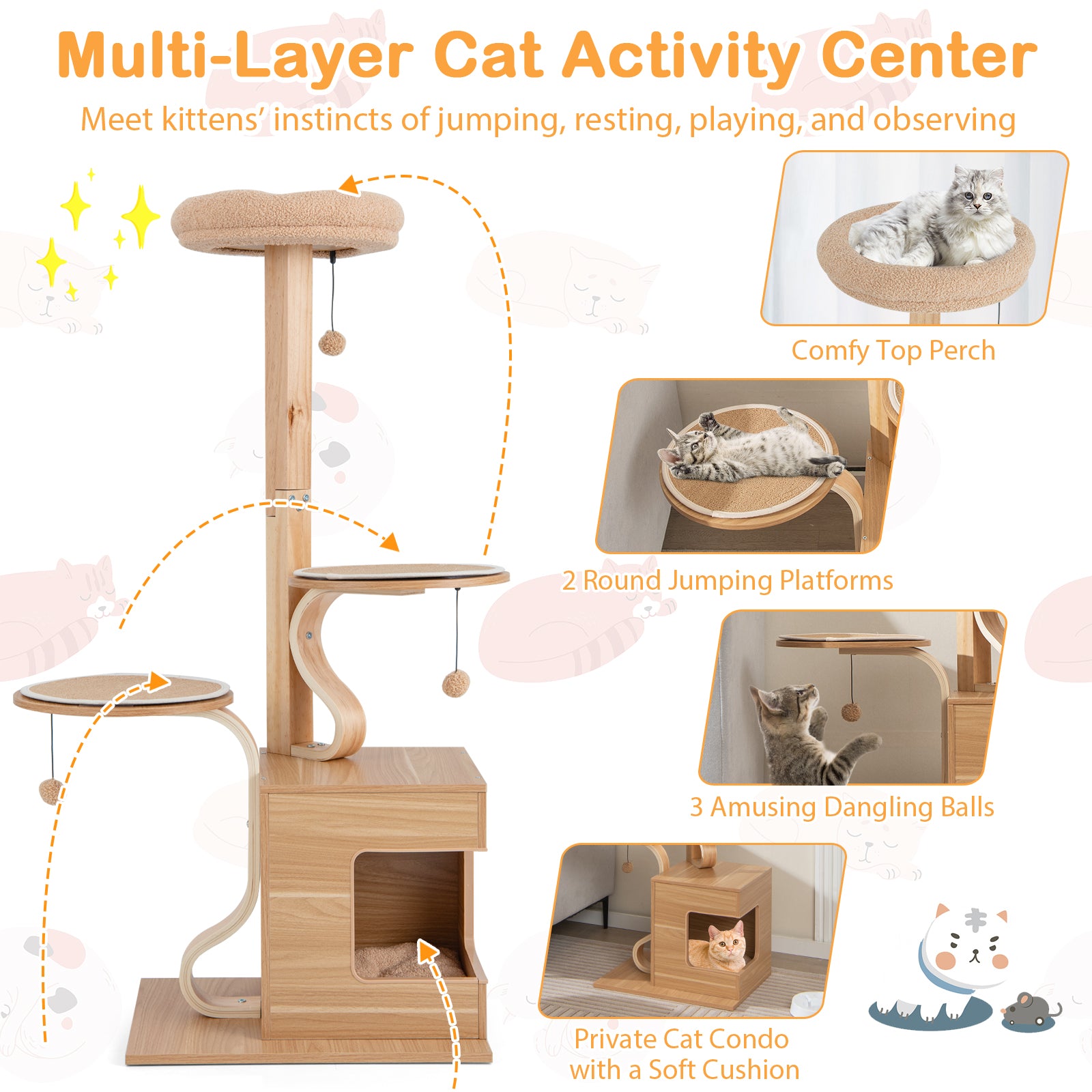 4-Layer Wooden Cat Tree 51 Inch Tall Cat Tower with Condo and Washable Cushions-Natural