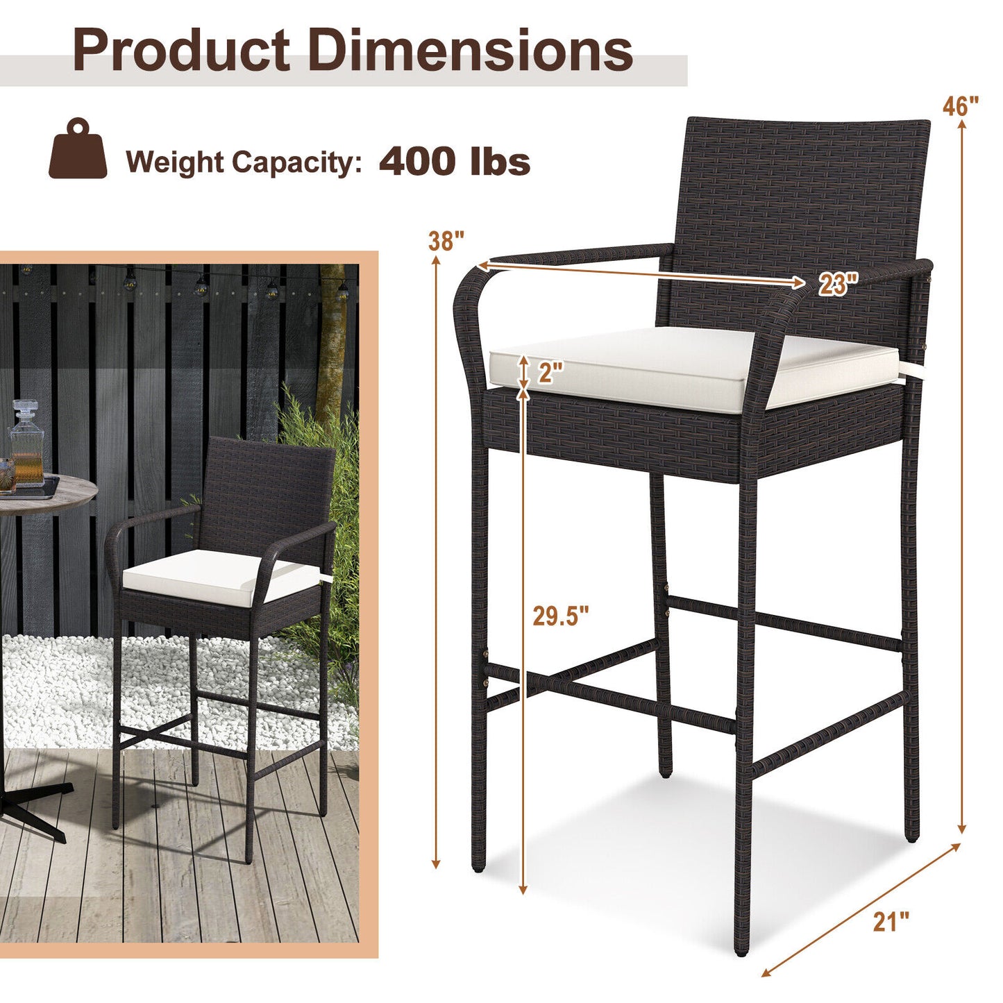2/4 Pieces Outdoor PE Rattan Cushioned Barstool Set with Armrests-Set of 4 - Set Of 4