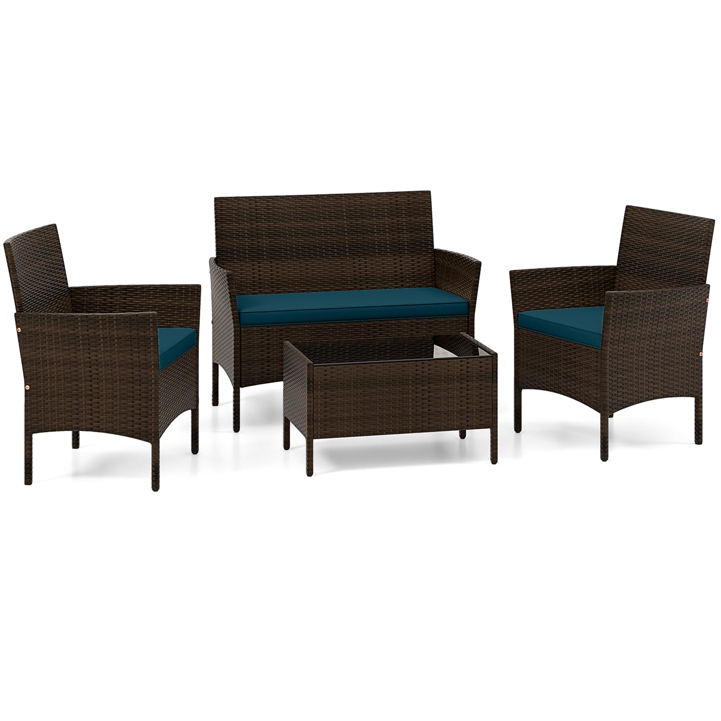 4 Piece Patio Rattan Conversation Set with Cozy Seat Cushions-Navy - Peacock Blue