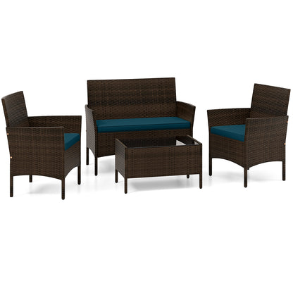 4 Piece Patio Rattan Conversation Set with Cozy Seat Cushions-Navy - Peacock Blue