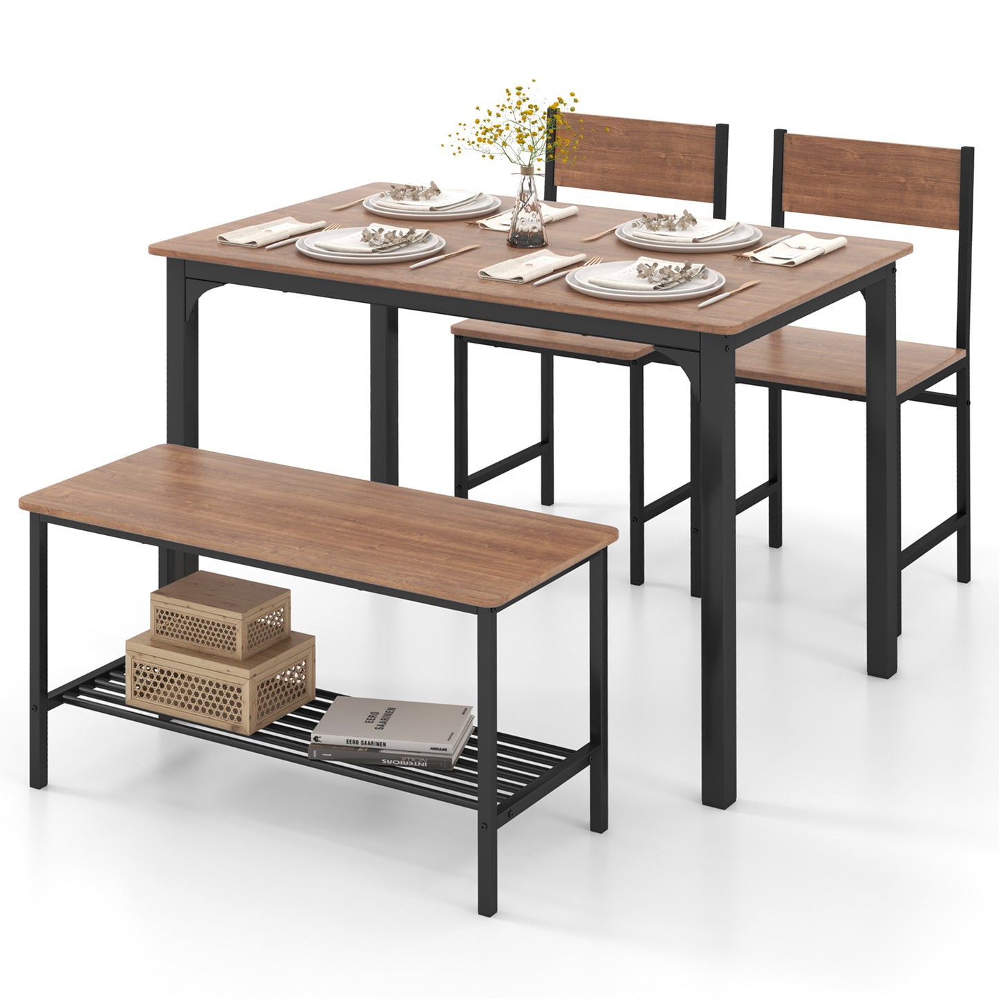 4 Pieces Rustic Dining Table Set with 2 Chairs and Bench-Brown - Brown