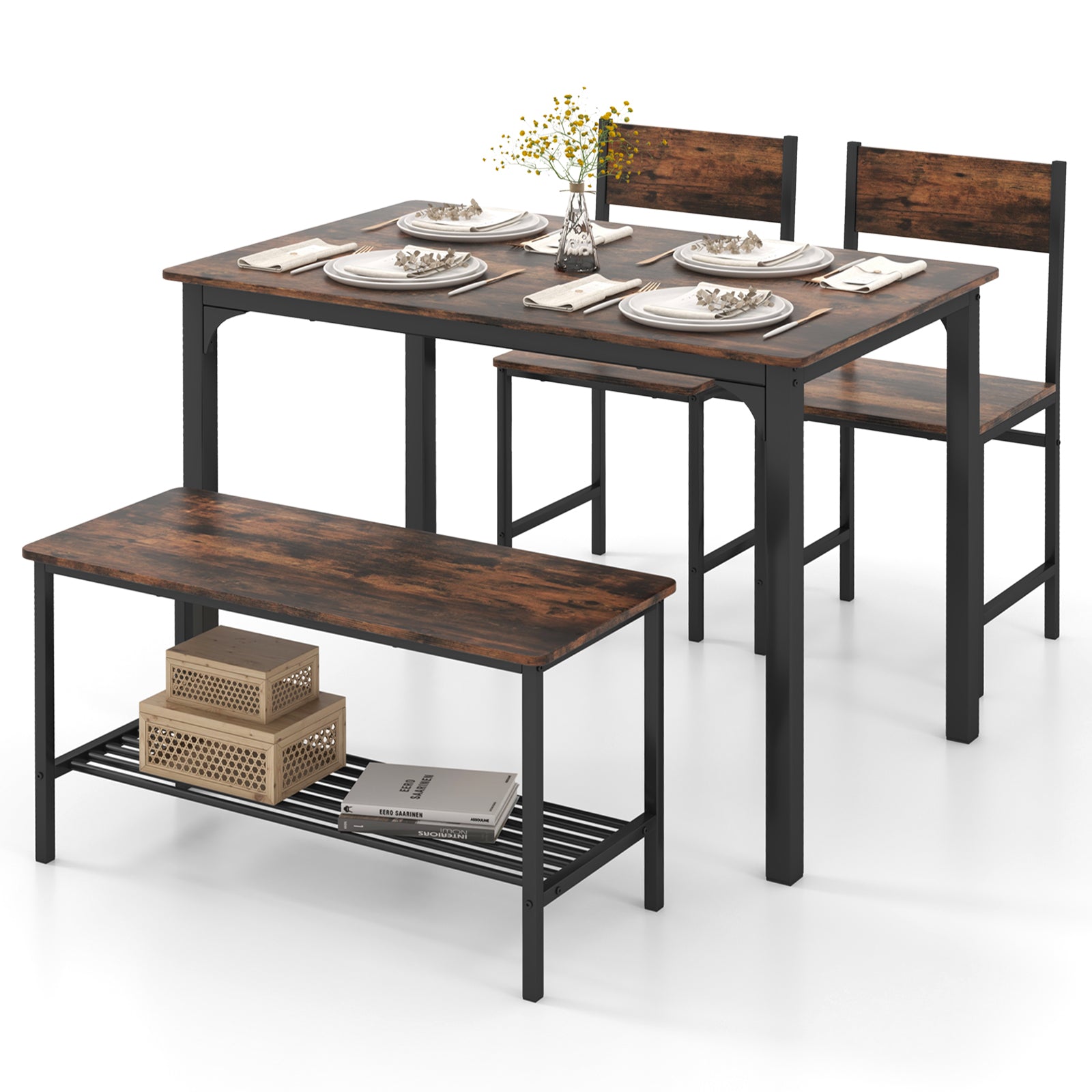4 Pieces Rustic Dining Table Set with 2 Chairs and Bench-Brown - Rustic Brown
