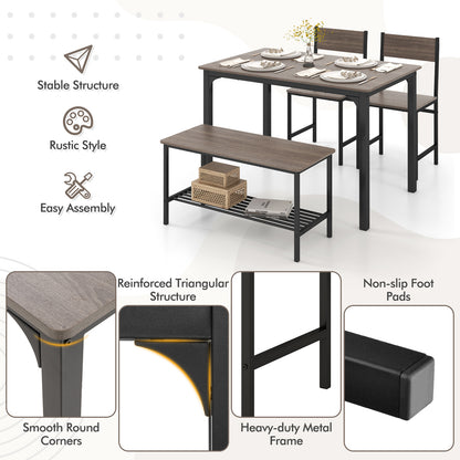 4 Pieces Rustic Dining Table Set with 2 Chairs and Bench