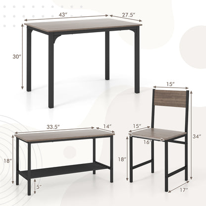 4 Pieces Rustic Dining Table Set with 2 Chairs and Bench