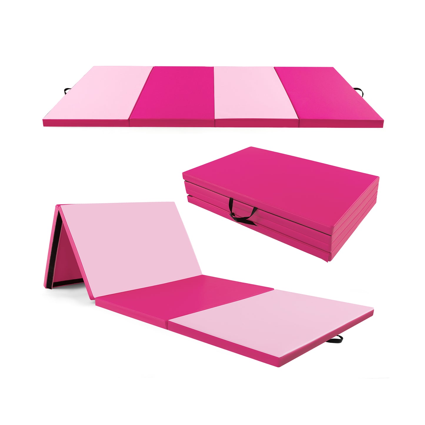 4-Panel PU Leather Folding Exercise Mat with Carrying Handles-Blue - Hot Pink