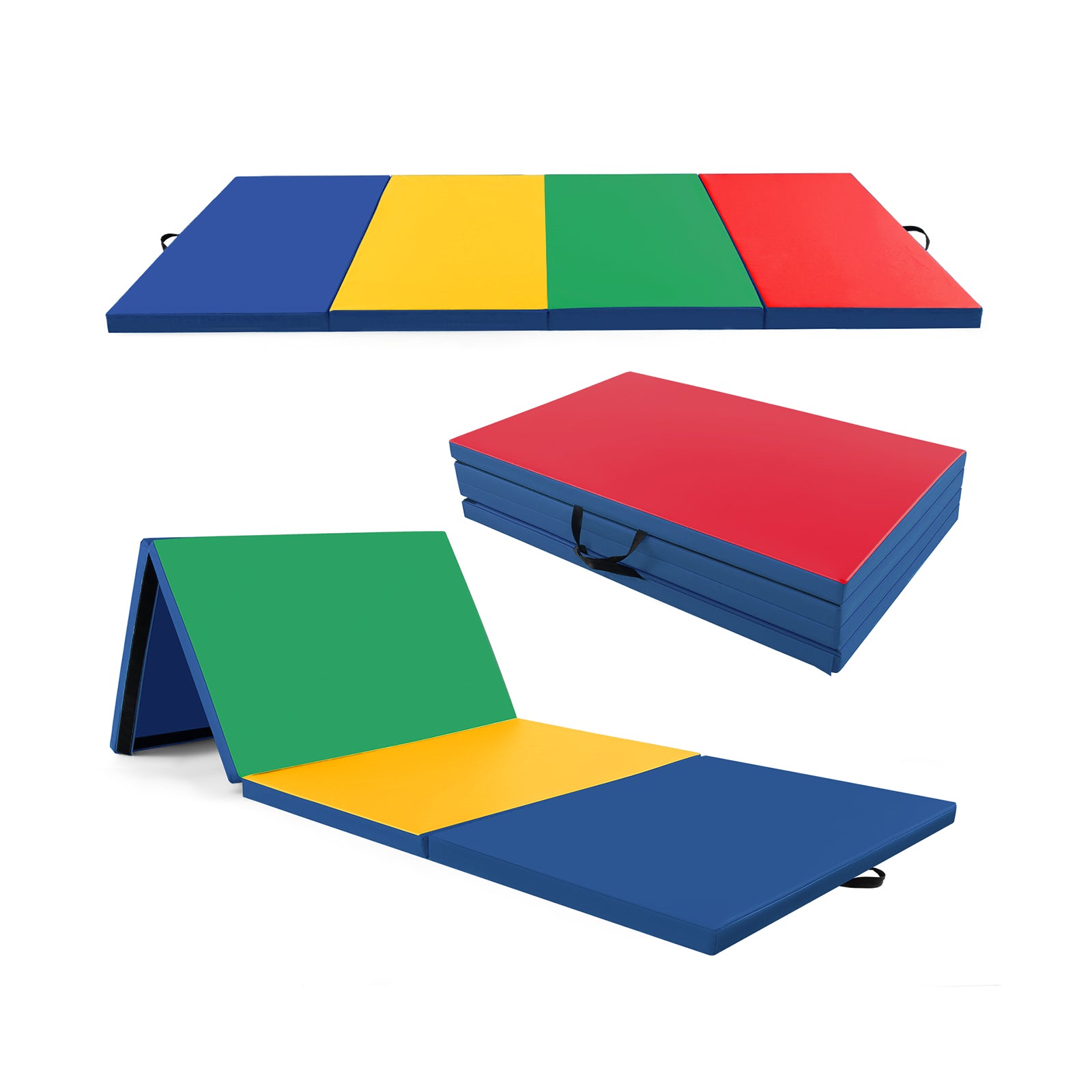 4-Panel PU Leather Folding Exercise Mat with Carrying Handles-Blue - Multicolor