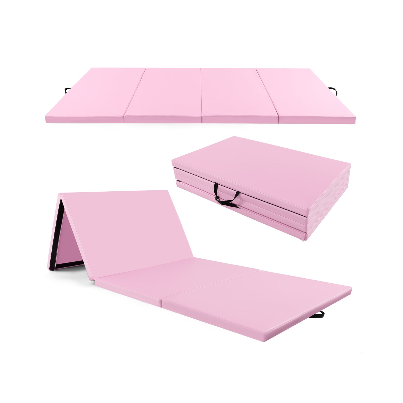 4-Panel PU Leather Folding Exercise Mat with Carrying Handles-Blue - Pink