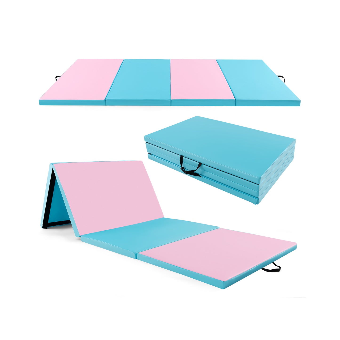 4-Panel PU Leather Folding Exercise Mat with Carrying Handles-Blue - Pink & Blue