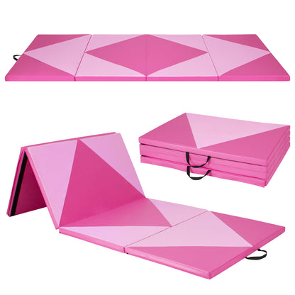 4-Panel PU Leather Folding Exercise Gym Mat with Hook and Loop Fasteners-Black & Turquoise - Pink