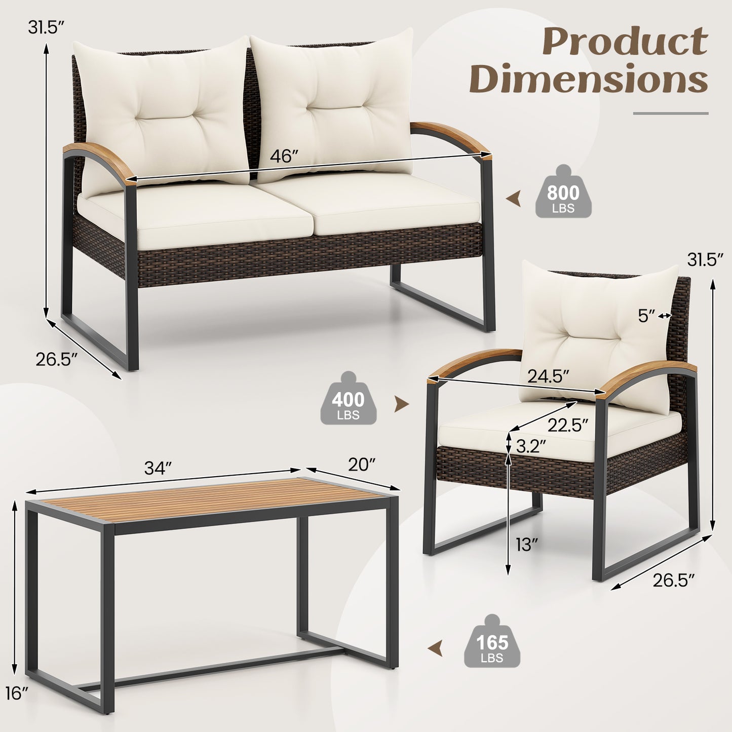 4 Pieces Patio Conversation Set with Acacia Wood Armrests and Tabletop and Cushions-White