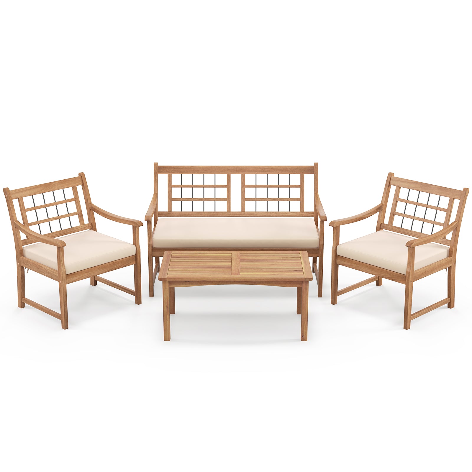 4 Piece Wood Patio Furniture with Armchairs Loveseat and Coffee Table-Gray - Off White