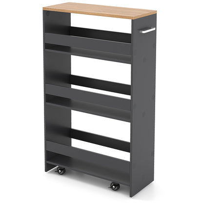 4-Tier Rolling Storage Cart Slim Kitchen Cart on Wheels with Open Shelves and Handle-Rustic Brown - Gray