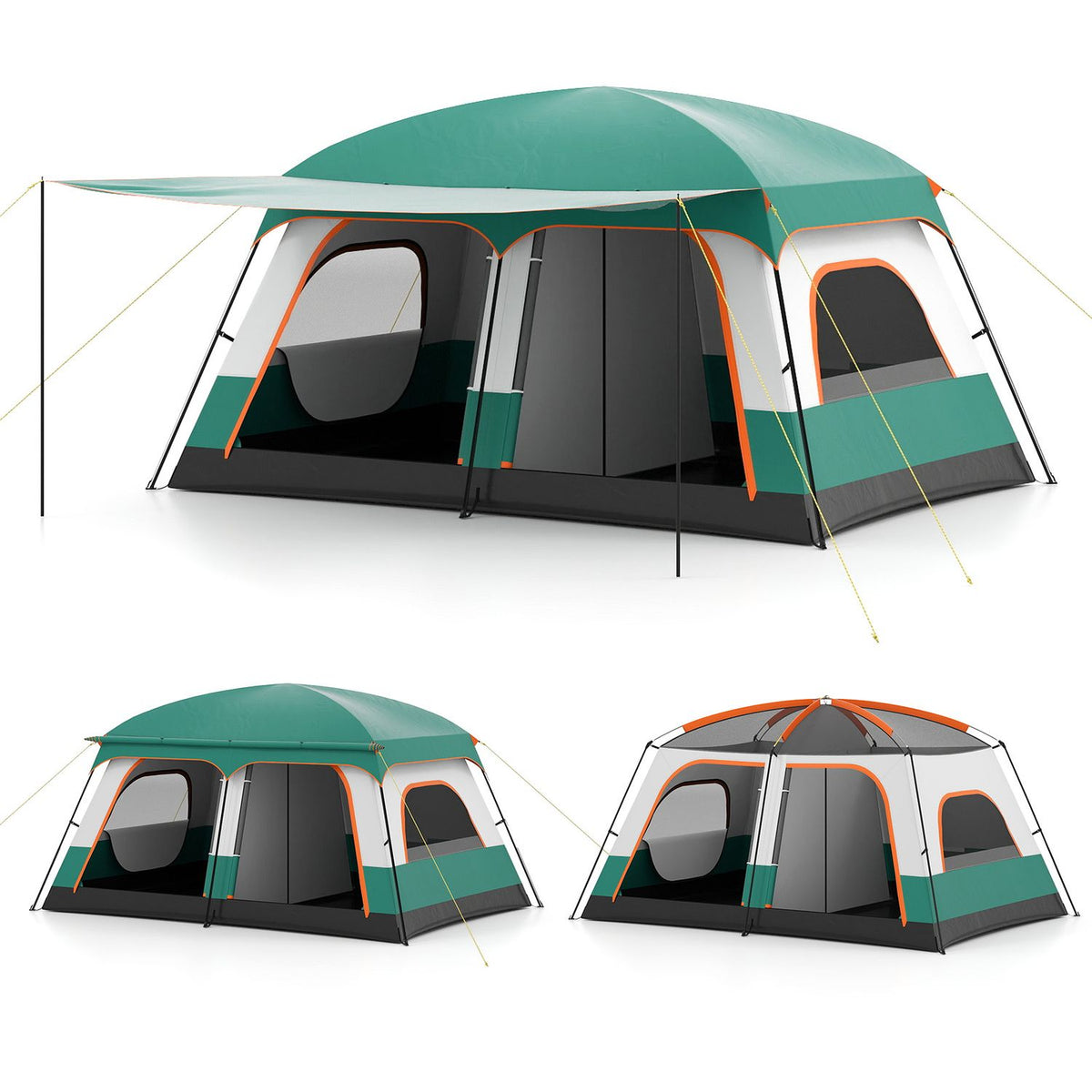 4-10 Person Camping Tent in Green Color with Porch and 2 Rooms for Backpacking