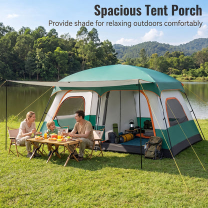 4-10 Person Camping Tent in Green Color with Porch and 2 Rooms for Backpacking