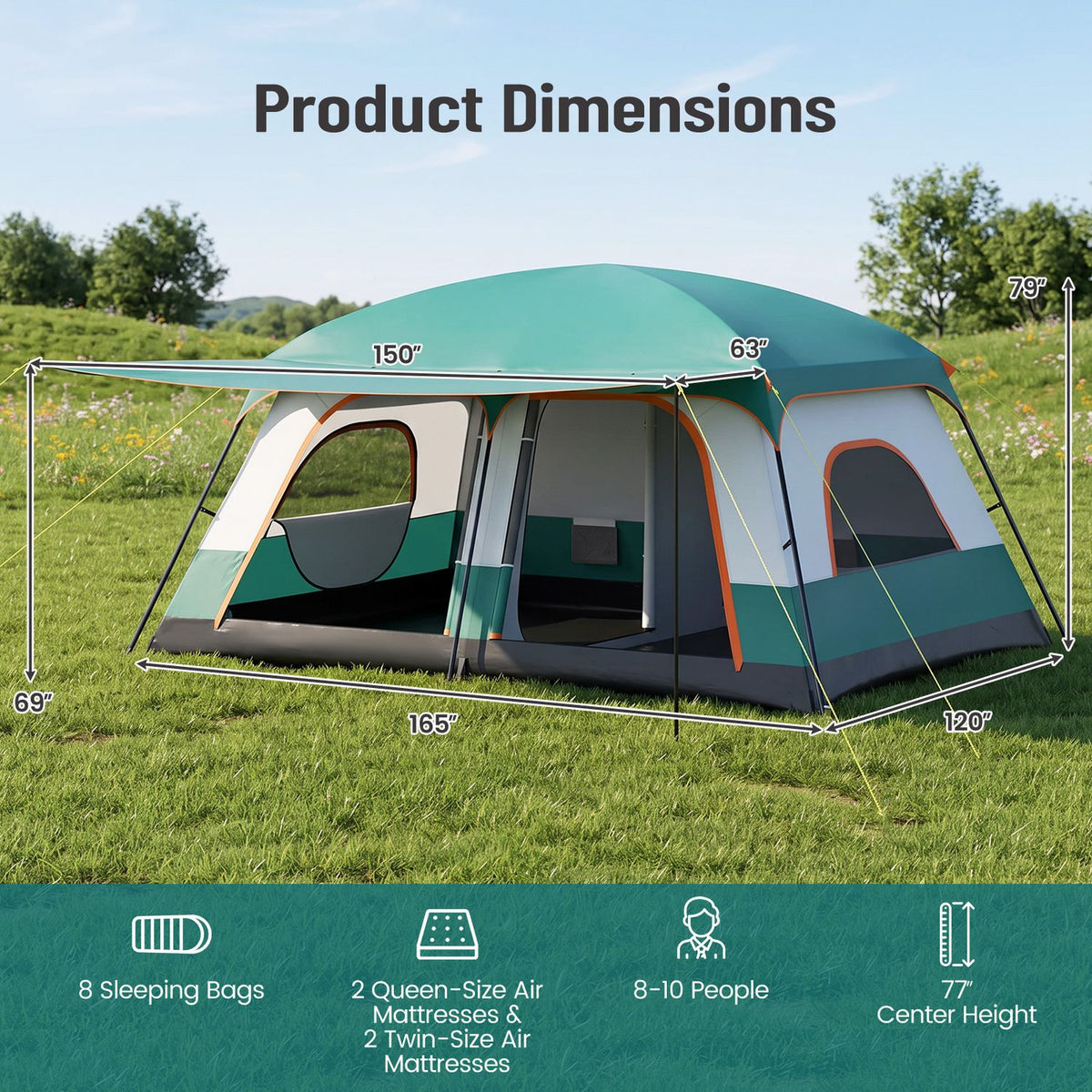 4-10 Person Camping Tent in Green Color with Porch and 2 Rooms for Backpacking