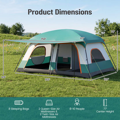 4-10 Person Camping Tent in Green Color with Porch and 2 Rooms for Backpacking